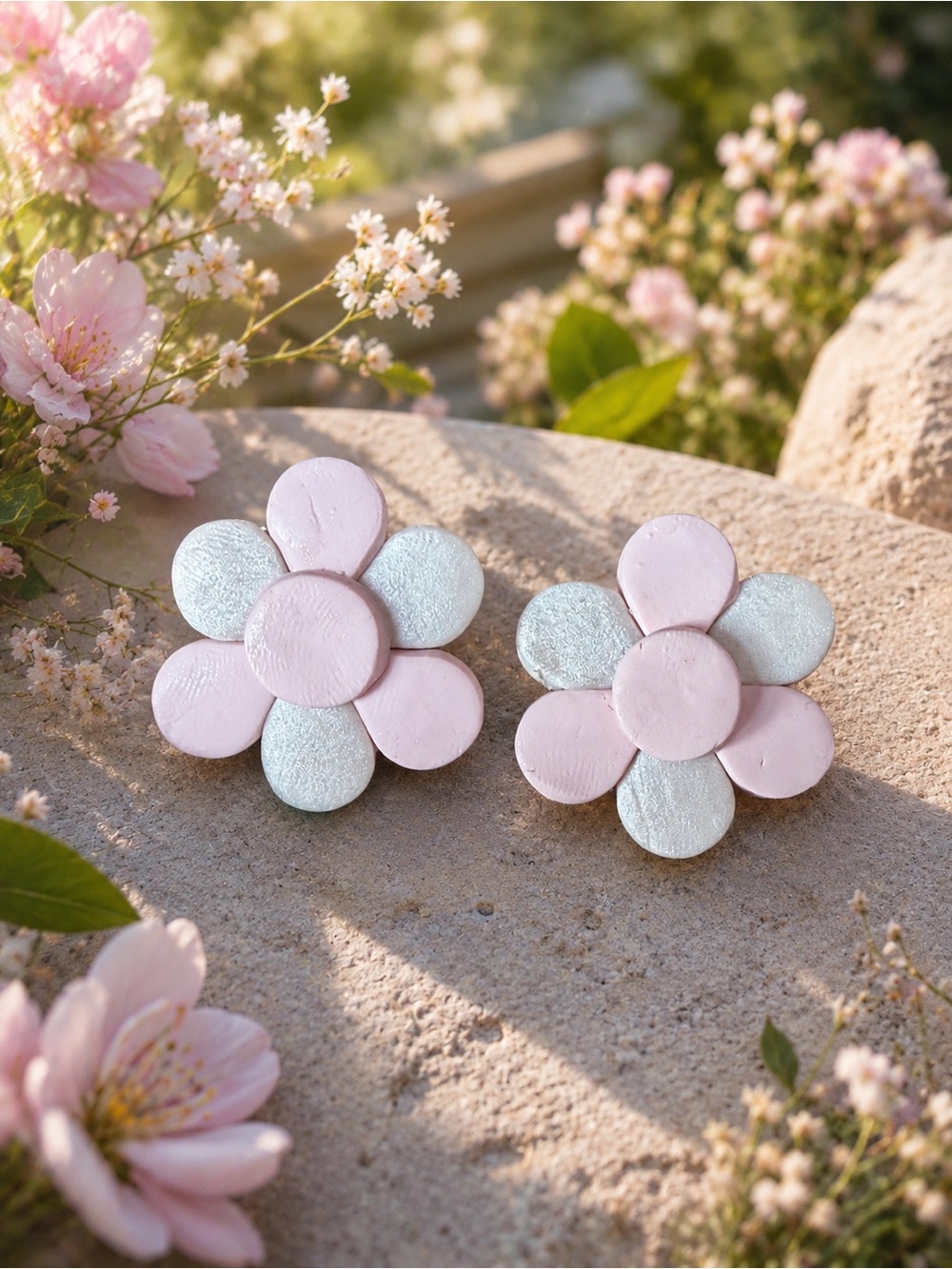 Pink & White Flower Handmade Polymer Clay Earrings